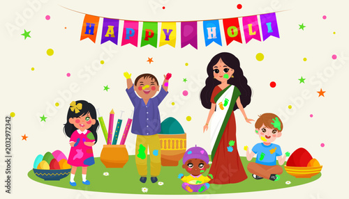 Happy Holi Celebration Banner Illustration of a happy Indian family celebrating Holi festival. Perfect for festive greetings, posters, and social media