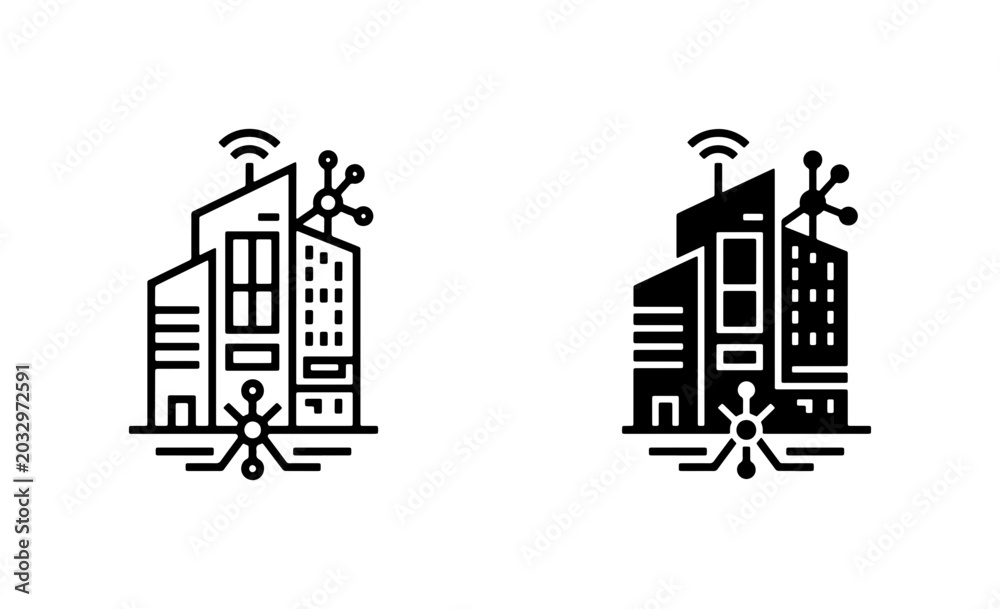 Naklejka premium Modern Smart City Icons, Urban Technology Buildings, Connected Architecture Vector Graphics, Digital Infrastructure Symbols
