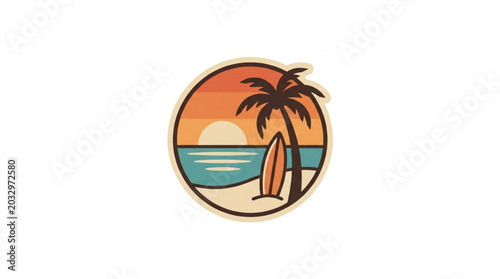 Tropical beach sunset with palm tree and surfboard illustration.