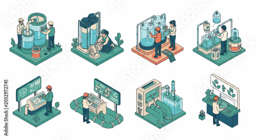 Quadro su tela Isometric illustrations of water treatment plant operations and processes