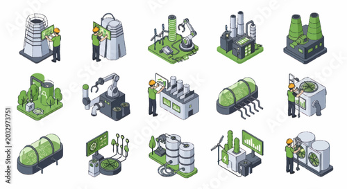 Bild auf Leinwand Isometric Illustration of Modern Green Energy Production Facilities