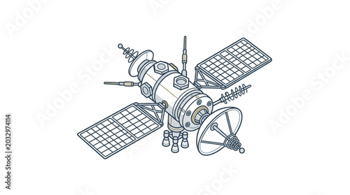 Photography Detailed illustration of a modern satellite with solar panels and antenna