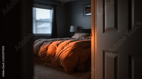 Cozy bedroom lit by warm evening sunlight through window. Modern house interior with soft bedding on bed. Concept of sanctuary, relaxation, rest, and peaceful home lifestyle in dusk.