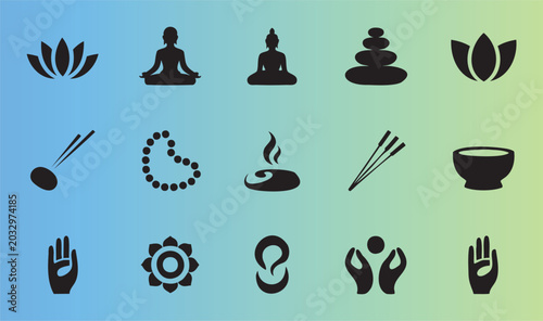 Photos Collection of spiritual and meditation icons including yoga lotus and reiki symb