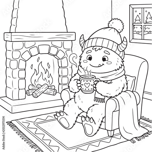 Photos Cozy Monster Drinking Hot Chocolate by Fireplace Coloring Page