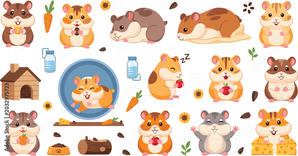 Fototapeta premium Adorable Cute Hamster Character Vector Set with Various Poses Eating Sleeping and Playing Cartoon Illustration