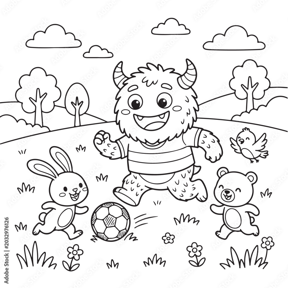 Fototapeta premium Cute Monster Playing Soccer with Animals Coloring Page