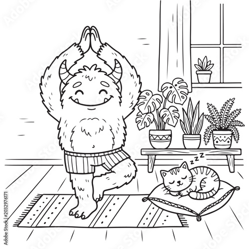 Cute Monster Practicing Yoga with Sleeping Cat Coloring Page