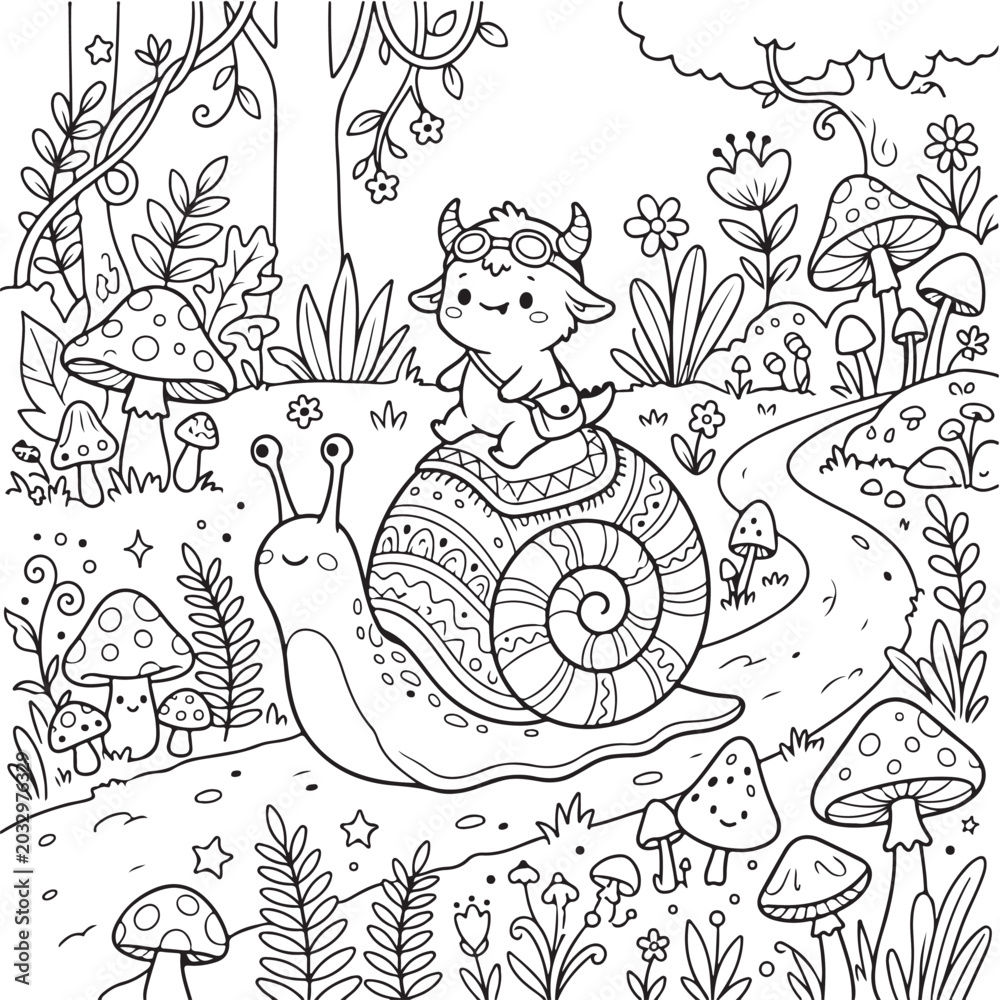 Fototapeta premium Cute Monster Riding Giant Snail Coloring Page