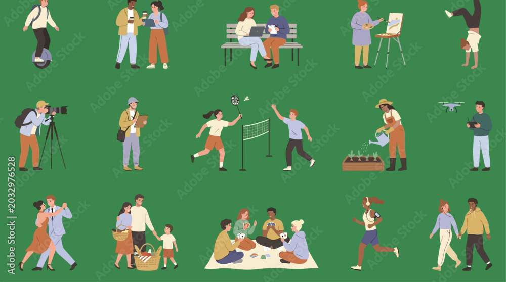 Naklejka premium Diverse Group of People Enjoying Various Leisure Activities Outdoors