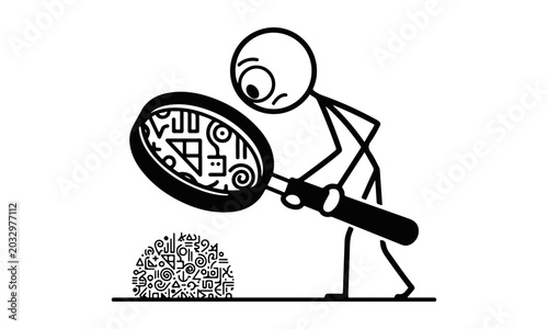 Stick figure using magnifying glass to search and analyze complex data. Isolated vector illustration.