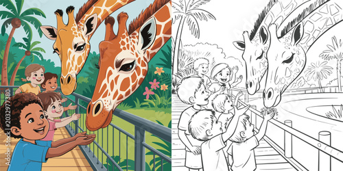 Bild auf Leinwand giraffe in the form of giraffe, giraffe in the jungle, giraffe in the park,  Children Feeding Giraffes,  coloring, coloring book, drawing, children, fairy tale, sketch, clip art