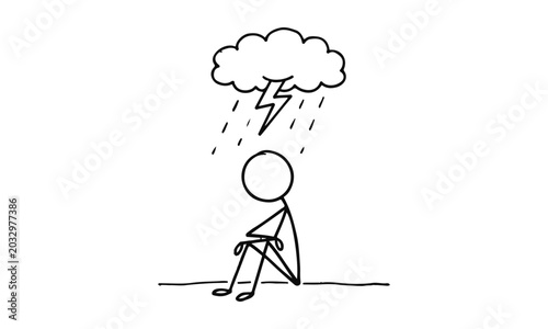 Hand Drawn Stick Figure Illustration of Sad Person with Cloud Raining Above Head