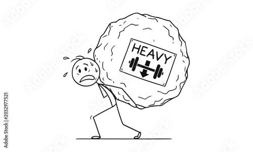 Cartoon Stick Figure Man Struggling to Carry Heavy Rock with 'HEAVY' Sign line drawing vector