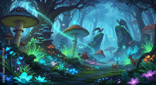 Magical Glowing Forest with Giant Mushrooms and Fantasy Creature