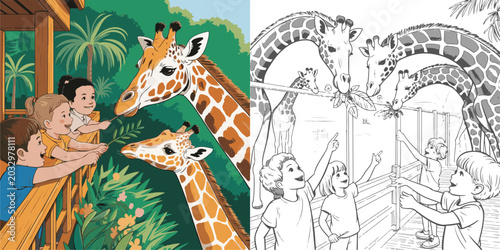 Photography giraffe in the jungle, giraffe in the park,  Children Feeding Giraffes,  coloring, coloring book, drawing, children, fairy tale, sketch, clip art