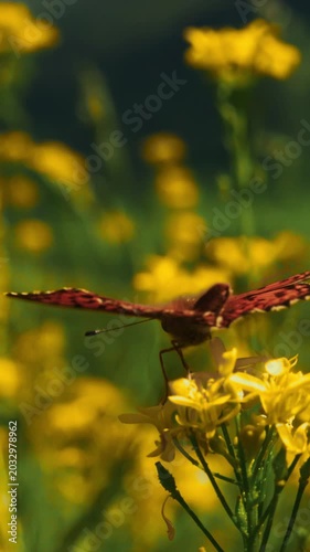 Delicate butterfly perches on bright yellow flowers. Sunlight highlights its detailed wings and antennae. Background shows soft-focused greenery and more blooms. Perfect for nature, travel