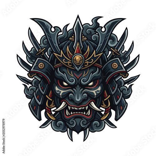 Intricate Japanese Samurai Oni Mask Vector Illustration