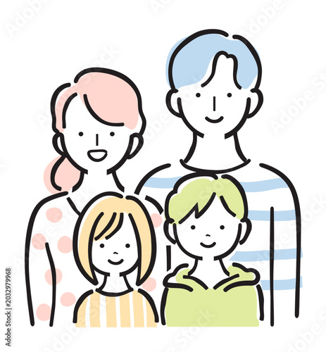 4人家族のイラストセット 子供二人 笑顔 育児 マイホーム シンプル手描きイラスト
