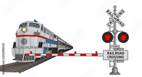 Fotografía Modern Passenger Train Approaching Railroad Crossing with Barrier