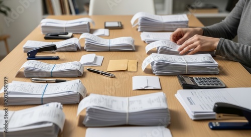 Woman organizing tax documents. Accountant sorting financial paperwork and receipts on desk. Business person preparing balance sheet for annual report. Concept of tax season and accounting.
