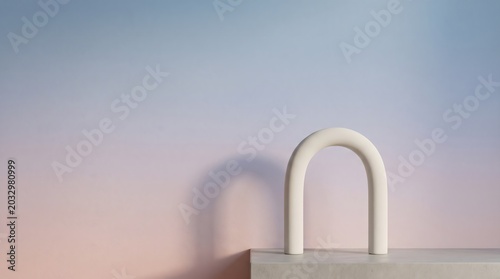 Minimalist white arch structure against a gradient background with soft colors and shadows.