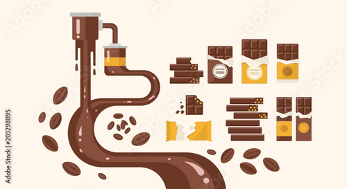 Modern Flat Style Chocolate Bar Manufacturing Process and Ingredients Collection