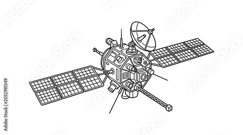Bild auf Leinwand Detailed illustration of a modern space satellite with solar panels and antenna