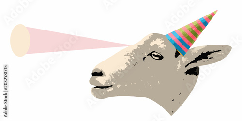 Tablou pe pânză Goat With Party Hat And Horn Colorful Vector Illustration