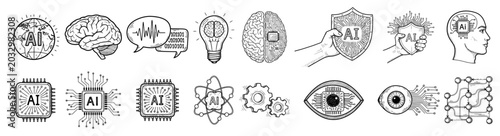 Foto Artificial intelligence icons and technology symbols with brain network and micr