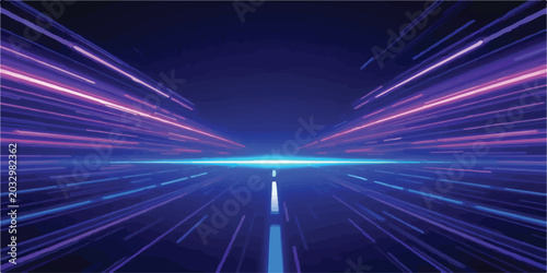 Fotografie Perspective view of a road with abstract purple and blue light trails energy fie