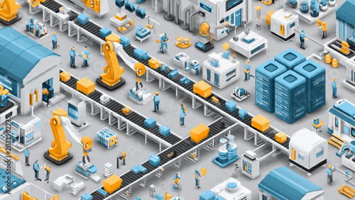 Tableau sur toile Advanced robotic factory assembly line with automated machinery and workers in a