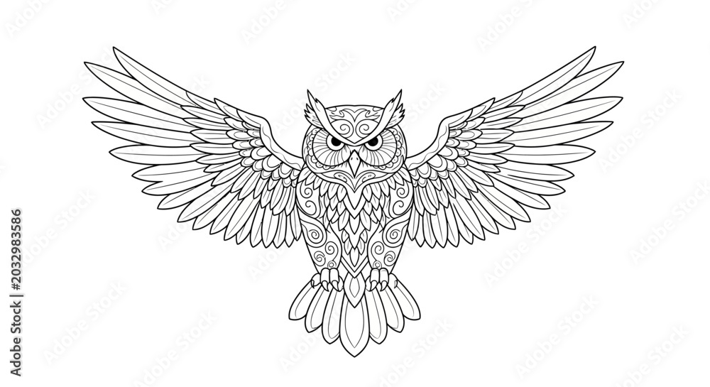 Fototapeta premium Intricate line art illustration of an owl with extended wings on white