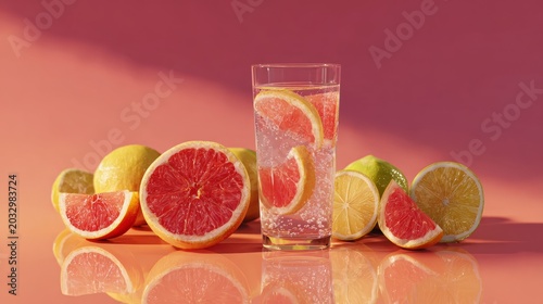 Refreshing glass of freshly squeezed grapefruit juice served with vibrant citrus slices, healthy vitamin c rich summer beverage concept, refreshing hydration drink with natural fruit freshness and wel