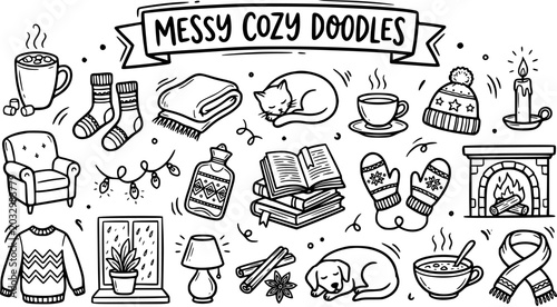 Konstfotografi Cozy Doodles: Black and White Line Art Illustrations of Winter Comforts - Hot Ch