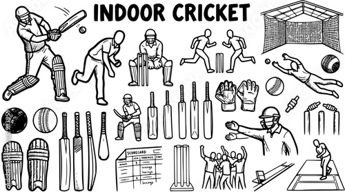 Fényképezés Hand Drawn Black and White Line Art Doodle Set: Indoor Cricket Players, Equipmen