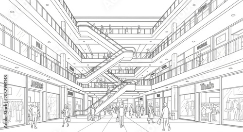 Photos Modern shopping mall interior architectural sketch drawing.
