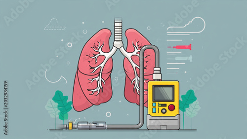 Photos Medical illustration of lungs and oxygen monitor with breathing apparatus in med