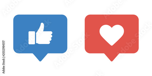Obraz na płótnie Like and love icon vector set, thumbs up heart reaction buttons, modern speech bubble shapes, social media notification emojis, post engagement flat design elements