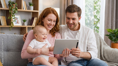 Happy Couple Using Tablet While Holding Baby in Warm Home Library — Modern Parenting and Technology Concept