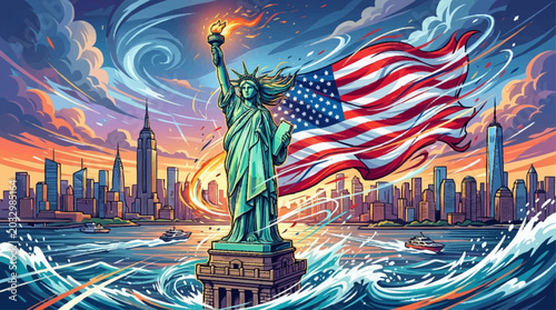 The Statue of Liberty stands proudly with the american flag waving in usa.
