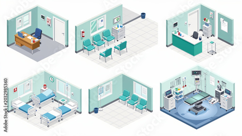 Photos Modern hospital interior with patient rooms, reception area, and medical equipme