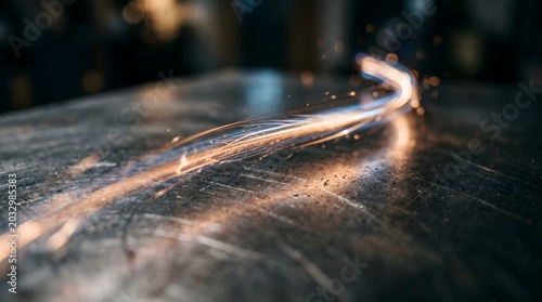 Intense sparks and light trails illuminate a metal surface during welding process.