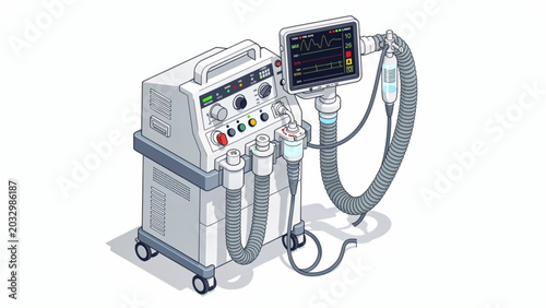 Photos Modern medical ventilator machine with display screen and tubing for respiratory