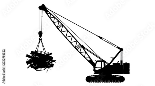 Foto Crane Lifting Scrap Metal Silhouette Against White Background