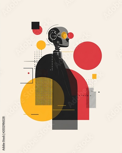 Geometric abstract illustration of a robotic profile with bold red and yellow circles and grid elements