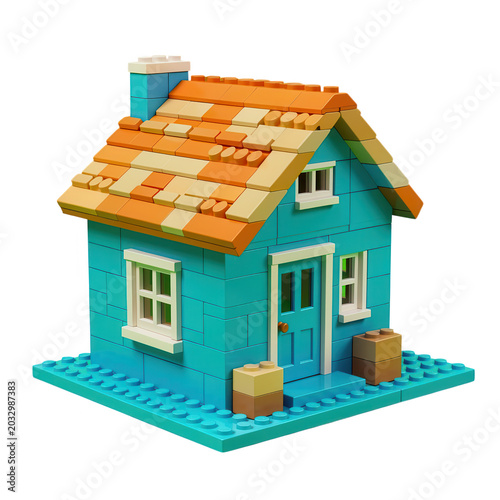 Colorful Toy House Built From Interlocking Blocks Isolated on Transparent Background