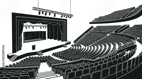 Tableau sur toile Theater auditorium silhouette with tiered seating and stage black and white