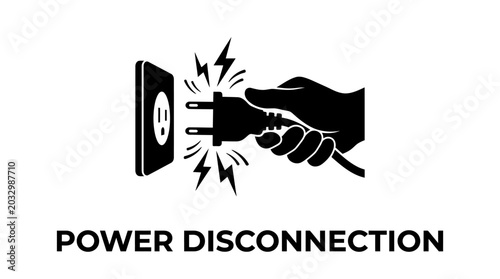 Tableau sur toile Power disconnection silhouette with hand unplugging electrical outlet white back