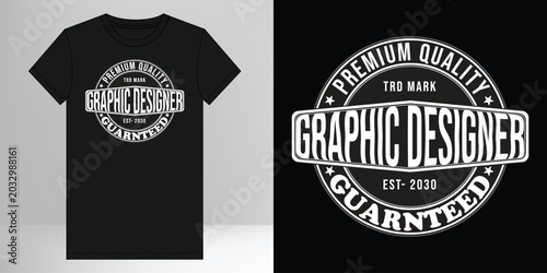 Konstfotografi Black t-shirt with graphic designer vintage style stamp logo